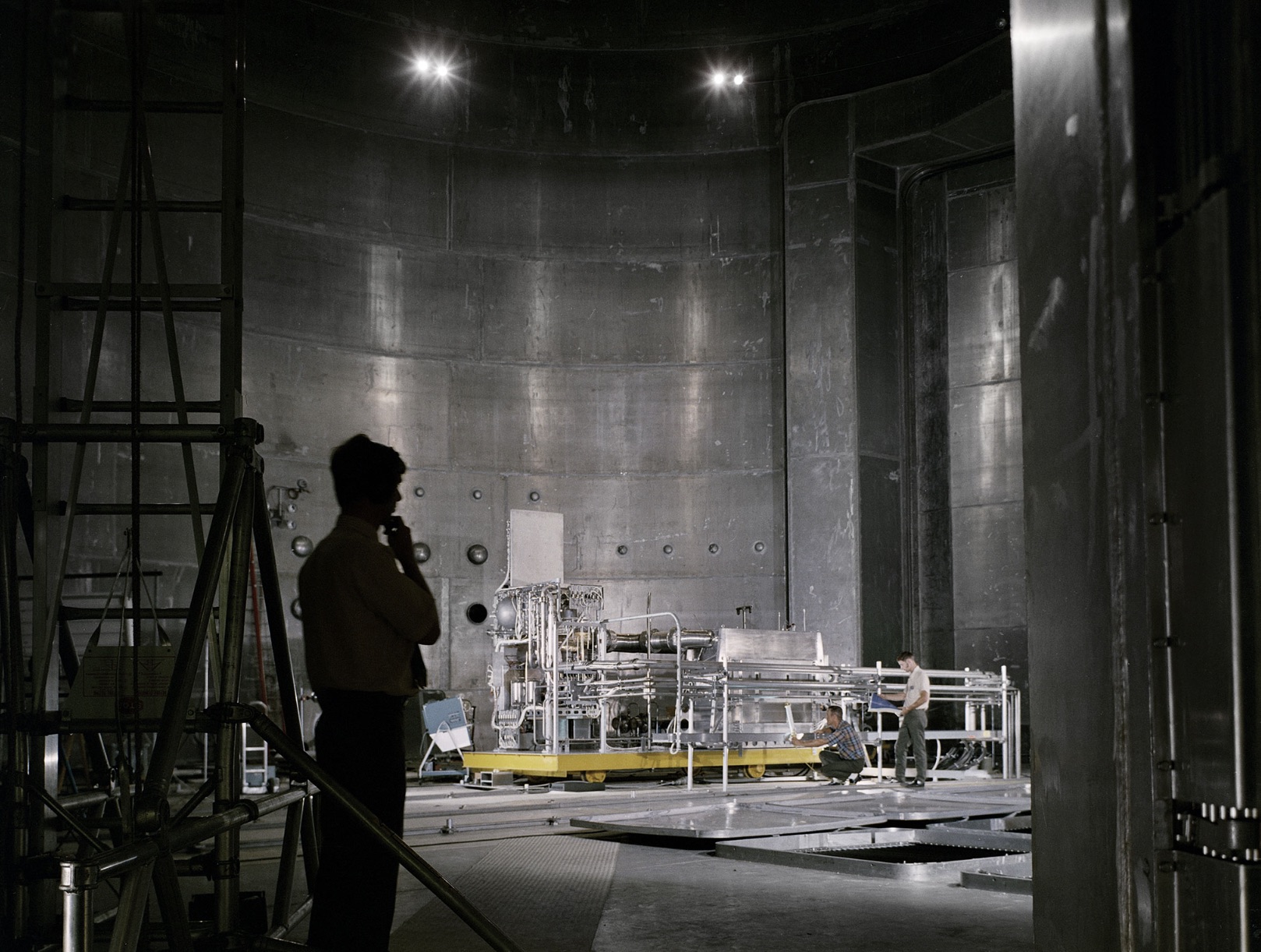 Set up of a Brayton Cycle Power System test in the Space Power Facility’s massive vacuum chamber 